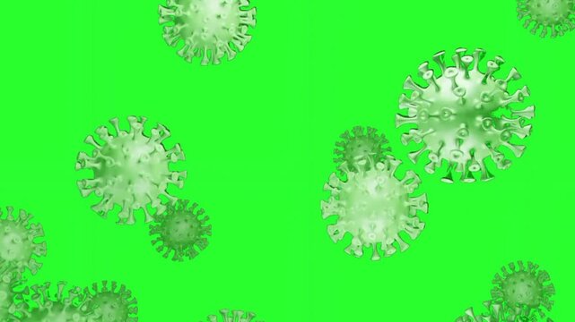 Animated green virus particles or bacteria moving and floating across a green screen background. Keywords: virus, bacteria, germs, infection, disease, medical, healthcare, biology, microbiology, pande