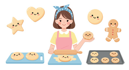 Naklejka premium Baking woman with cookies and gingerbread shapes
