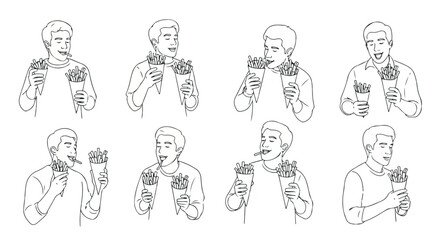 Man eating french fries in various poses
