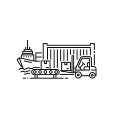 Fototapeta premium Industrial Shipping Yard Scene with Cargo Ship, Crane, and Delivery Truck