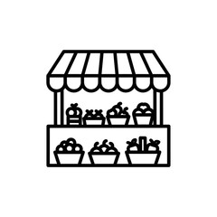Minimalist Black and White Line Drawing of a Market Stall Displaying Fresh Fruit and Vegetables