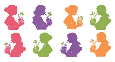 Woman holding drinks in various colors