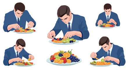 Man preparing fruit plate with focused expression