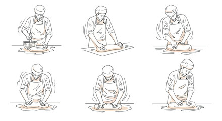 Fototapeta premium Baker kneading dough process steps outline style