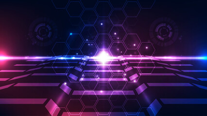 Abstract Futuristic Technology Background: Perspective Hexagon Grid and Neon HUD Interface