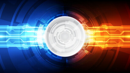 Futuristic Dual-Tone Technology Background: Central HUD and Glowing Blue-Orange Circuitry