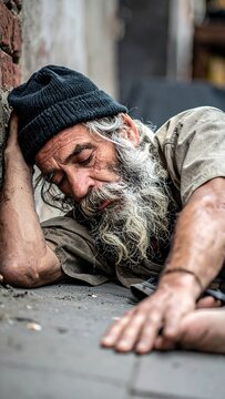 A weary man sleeps on a city street, leaning against a brick wall