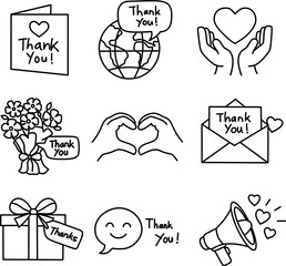 Thank you icon set displaying gratitude symbols. Outline vector illustration