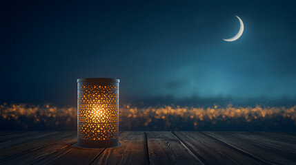 Illuminated ornate lantern on a wooden table with a crescent moon in the dark blue night sky and blurred city lights