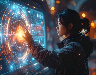 A young woman interacts with a futuristic, illuminated display