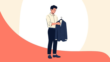 Young man choosing a suit from the wardrobe in a modern minimalistic room