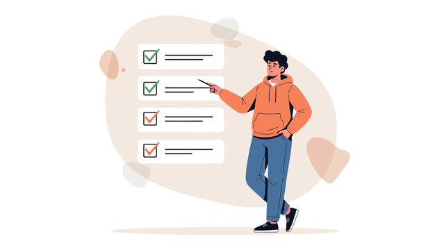 Young man checking off items on a checklist with a confident and cheerful expression in a modern - Powered by Adobe