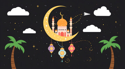 Islamic crescent moon with mosque and palm trees at night with lanterns and clouds ramadan