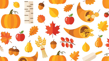 A vibrant, flat-style illustration with pumpkins, leaves, apples, pears, acorns, and other autumnal elements on a white background. It represents abundance © Trio