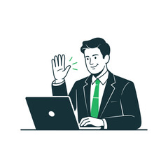A smiling businessman in a suit waves at his laptop with a friendly greeting in a professional setting.