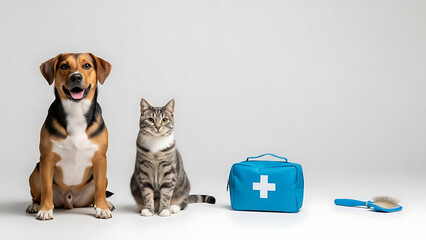 Dog cat first aid kit sitting together symbolizing pet love and companion animal health care in a professional studio setup with copy space.