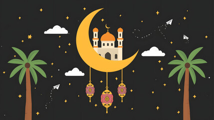 Islamic Crescent Moon with Mosque, Lanterns, Palm Trees, and Stars minaret
