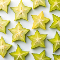 Fototapeta premium Raw Starfruit Slices in Geometric Pattern on White Background – Premium eCommerce Photo