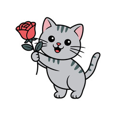 A cartoon cat holding a red rose in its paw on a white background