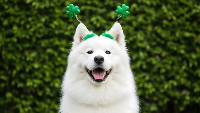 Happy White Samoyed Dog Wearing Green St Patricks Day Headband photo fluffy