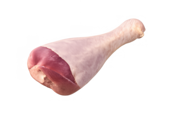 Fresh raw turkey drumstick isolated on transparent background, uncooked poultry leg ingredient for cooking and recipes