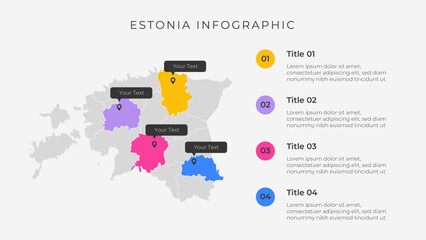 Estonia map infographic template with 4 options. Estonia political map infographic for presentation.