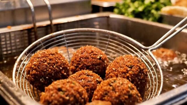 Middle Eastern falafel balls frying in oil