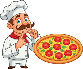 Funny pizza chef mascot vector illustration with mustache cook presenting fresh Italian pizza isolated on white background