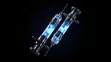 Two Slim Metallic Syringe with Glowing Blue Liquid Floating Inside Vials, Y2K Style Objects on Black Backdrop
