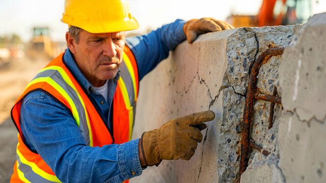 Experienced construction foreman in a hard hat and safety vest inspects significant concrete spalling damage revealing severely corroded and rusted steel rebar reinforcement on site.