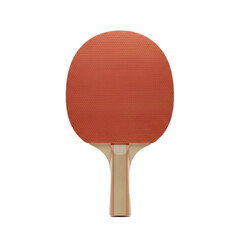 Close-up of a red ping pong paddle with a wooden handle.