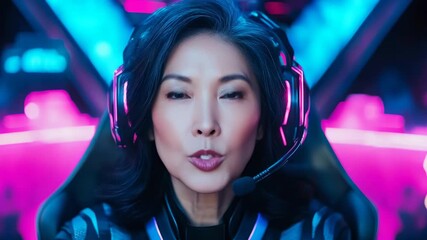 Gamer in Action: An focused woman is fully immersed in the world of online gaming, a sleek headset framing her determined expression as she engages in her favorite video game. - Powered by Adobe