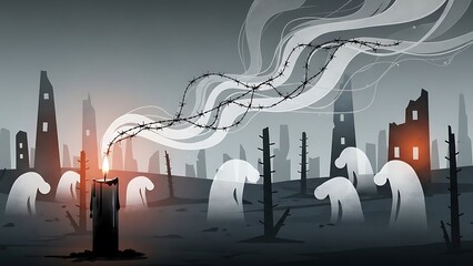 A symbolic illustration of ghosts or spirits rising from a desolate post apocalyptic cityscape with ruins and barbed wire under a gloomy sky with dark
