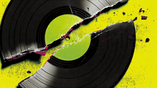 Pop art style collage background, a layer of a black vinyl record with a broken, jagged edge, shattered to reveal a glowing neon green background, music and tech theme.