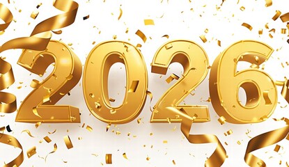 Shiny golden '2026' with confetti for New Year's Eve celebrations, party invitations, and festive designs featuring metallic elements. 