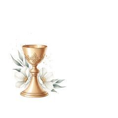 Golden chalice with white flowers and greenery on a blank background  