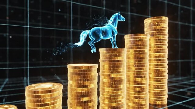 Digital Blue Horse Jumping Across Stacked Gold Coin Columns On Grid Floor Translucent Azure Horse Leaps Between Shiny Gold Coins With Upward Progression, Glossy Financial Scene, Neon Highlights.