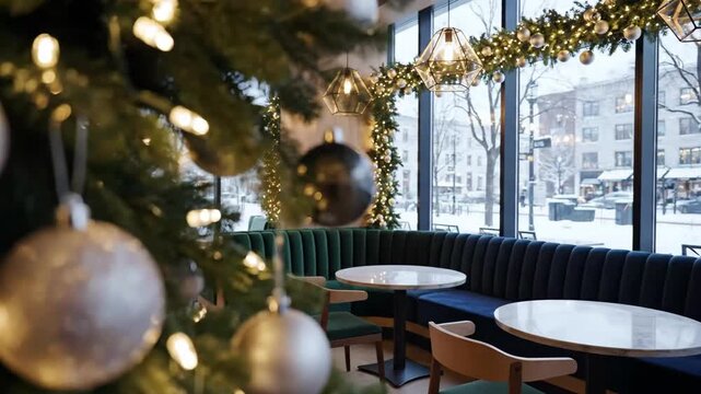 Cozy Cafe Corner With Holiday Tree And Baubles, Banquette Seating And Round Tables, Snow Visible On Street Through Large Windows, Barista Preparing Pastries While Couple Shares Quiet Brunch, Warm.