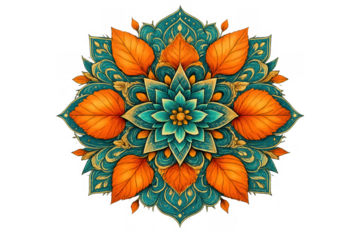 Mandala with autumn leaves and floral ornaments, teal and orange symmetrical pattern, spiritual art transparent background