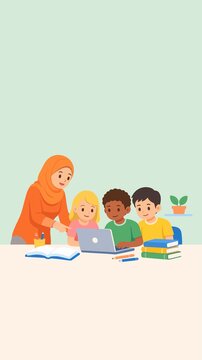 Teacher Helps Children Study Together with Digital Learning Laptop
