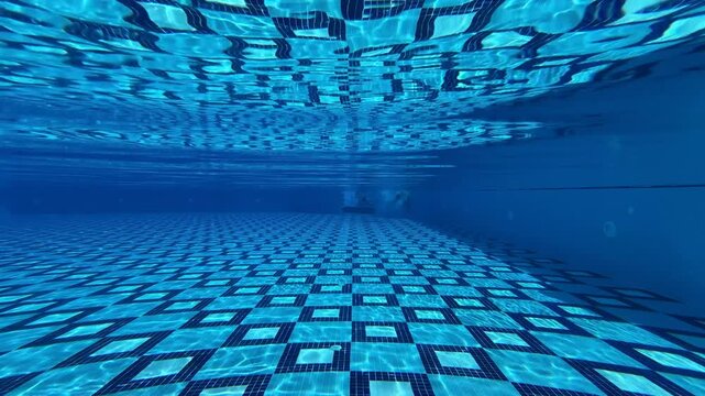 Underwater pool footage with blue tiles, sunlight rays piercing through creating shimmering sparkles and light reflections dancing across the tiled floor.