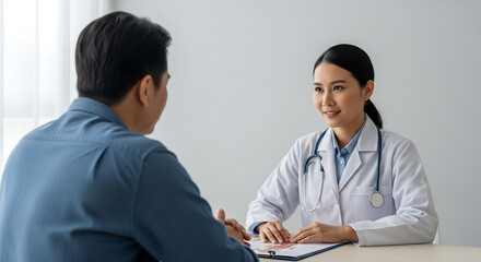 Fototapeta premium Female medical professional doctor in white coat consulting with a male patient in a bright clinic office best for medical advertising, pamphlet, news, corporation 