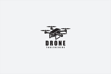 Minimal black drone logo design with quadcopter icon and clean typography, isolated on white background, suitable for technology, aerial photography, and modern branding concepts. Vector illustration.