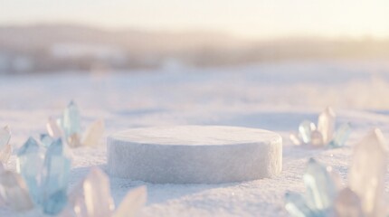 Circular snow-covered podium display surrounded by soft pastel-colored quartz crystals