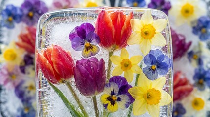 Vibrant spring tulips daffodils and violas perfectly preserved inside a clear block of ice