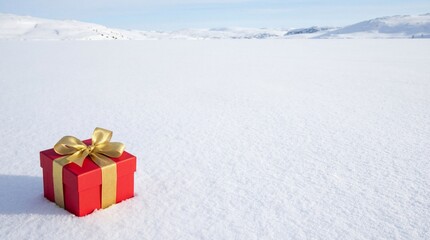 Bright red gift box with golden ribbon rests alone upon a vast snowy winter landscape
