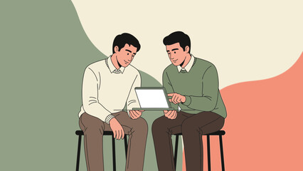 two young men collaborating on a digital tablet during a discussion in a modern indoor setting