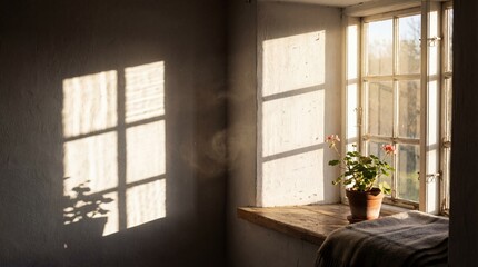 Warm afternoon sunlight streams through an old wooden window casting dramatic shadows indoors