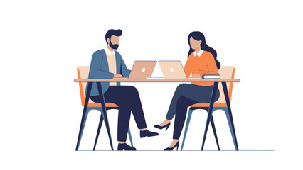 professional business meeting with two colleagues collaborating over laptops and discussing ideas