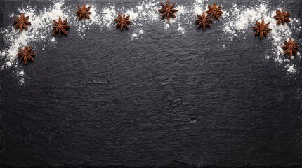 Dark slate surface decorated with scattered star anise spice and fine white flour border